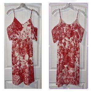 Coral & Cream Floral Print Cold Shoulder Dress – Romantic Summer Midi - Size XSP